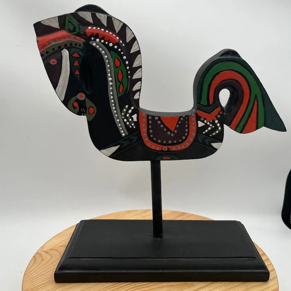 Painted Wooden Horse Folk Art Figurine on Black Pedestal Stand Pier 1